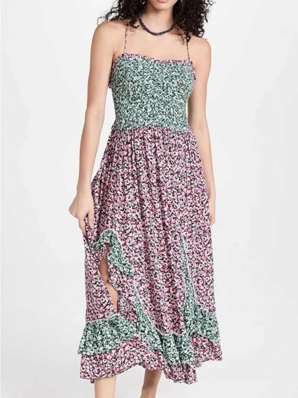Free People Pink and Green Floral Ruffle Midi Dress “One I Love” - Picture 3 of 8